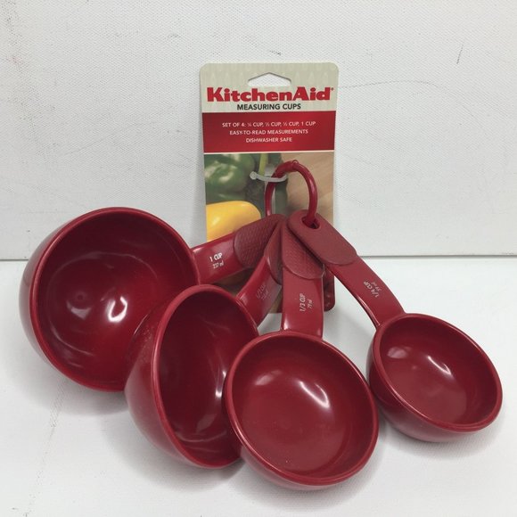 KitchenAid Set of Four Measuring Cups Rubber Grip Red Kitchen Aid Cooking Baking - Picture 1 of 7